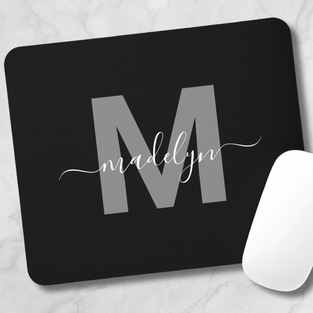 Mousepad Monograma do Nome Branco Preto Glamoroso (Glamorous Black White Name Monogram Mouse Pad)