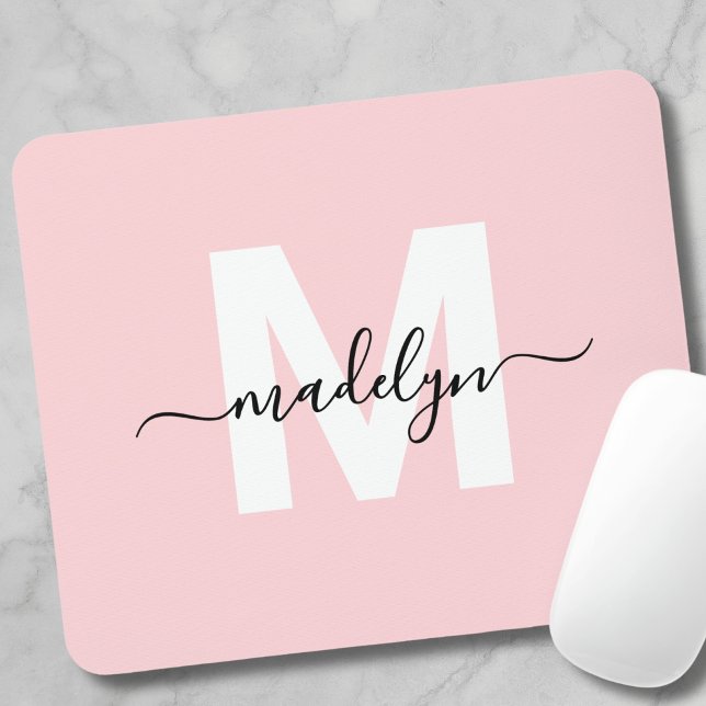 Mousepad Monograma do Nome do Script Moderno Cor-de-Rosa Es (Blush Pink Modern Script Name Monogram Mouse Pad )