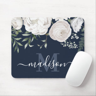 Mousepad Monograma do Nome Floral Branco Azul do Marinho Pe