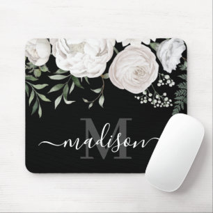Mousepad Monograma do Nome Floral Branco Preto Personalizad