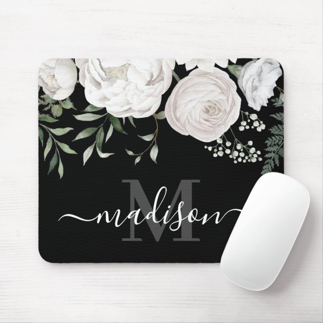 Mousepad Monograma do Nome Floral Branco Preto Personalizad (Com mouse)