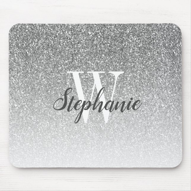 Mousepad Monograma do Ombre Faux Glitter do Luxo Silver (Frente)