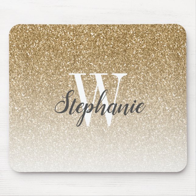 Mousepad Monograma do Ombre Faux Glitter Dourado de luxo (Frente)