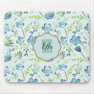 Mousepad Monograma do Padrão Bonito de Flor de Olhos Azuis
