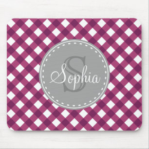 Mousepad Monograma do Padrão de Xadrez Gingham Branco Roxo