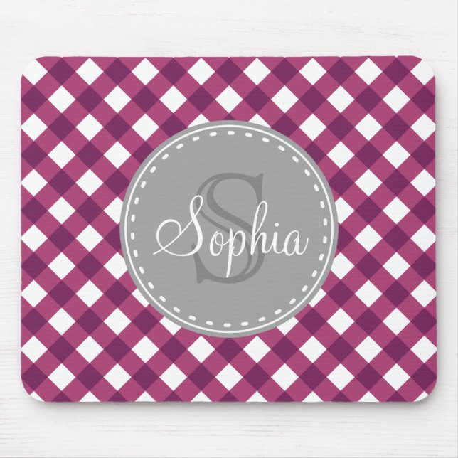 Mousepad Monograma do Padrão de Xadrez Gingham Branco Roxo (Frente)
