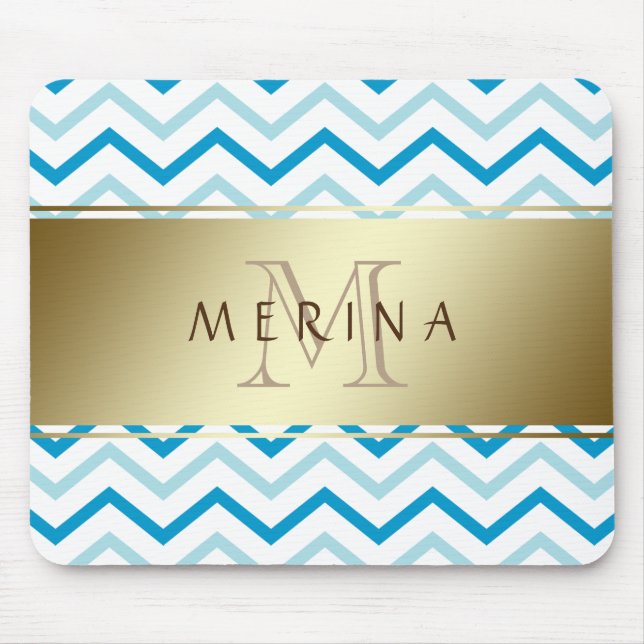 Mousepad Monograma do Padrão Dourado Teal Beach Chevron (Frente)