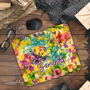 Mousepad Monograma do padrão floral amarelo púrpura da vind