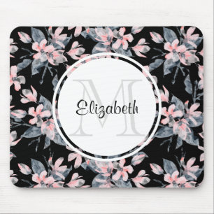 Mousepad Monograma do Padrão Floral de Aquarela Rosa e Cin