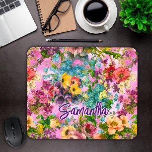 Mousepad Monograma do padrão floral rosa púrpura da vinheta