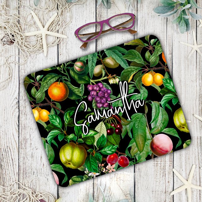 Mousepad Monograma do padrão preto das frutas tropicais Ele (Criador carregado)