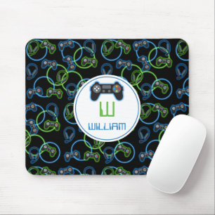Mousepad Monograma do padrão verde e azul Neon para jogos d