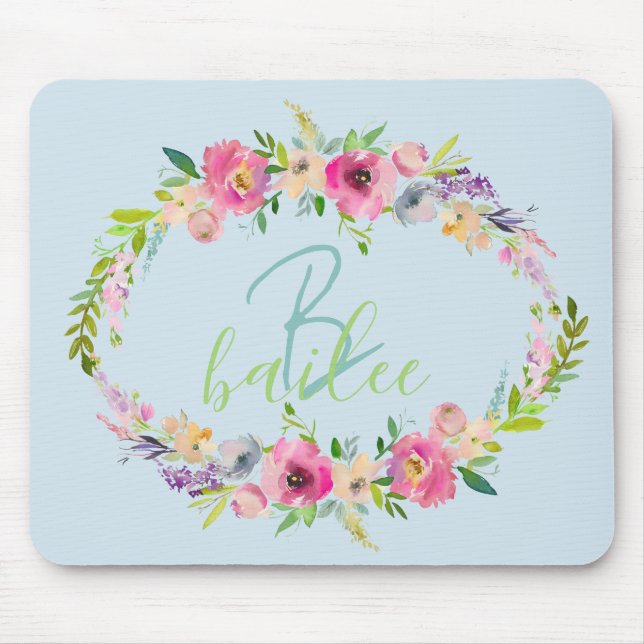 Mousepad Monograma do Script do Nome Floral Azul Boho Paste (Frente)