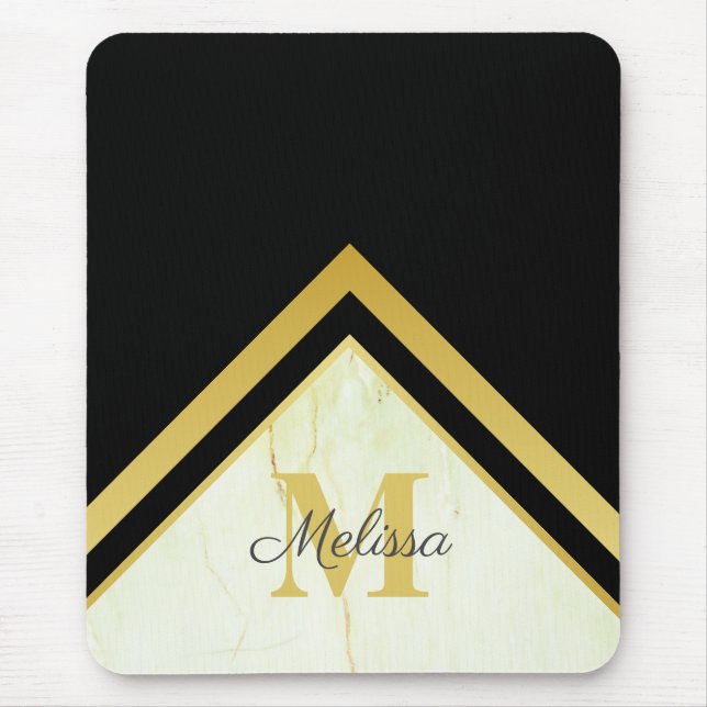 Mousepad Monograma Dourado Chevron Preto Elegante (Frente)