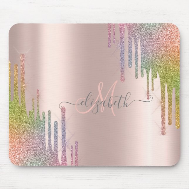 Mousepad Monograma Dourado com Rosa de Arco-Íris Moderno (Frente)