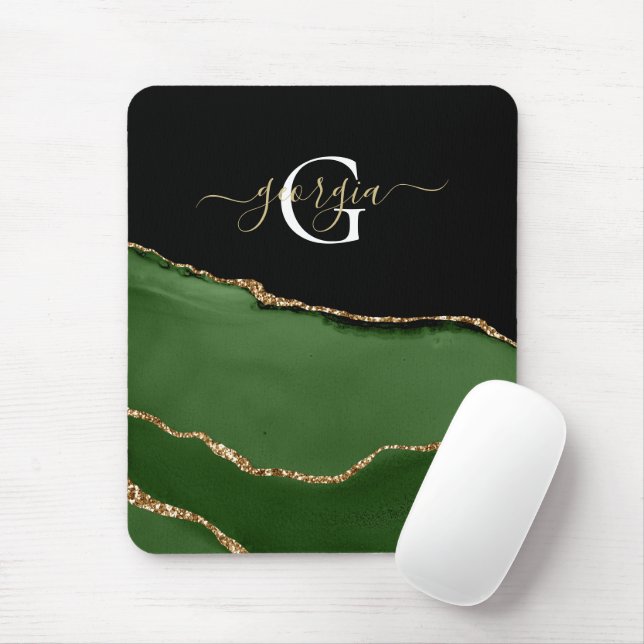 Mousepad Monograma Dourado de brilho e agitação verde (Com mouse)