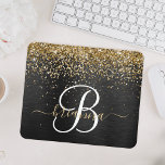 Mousepad Monograma Dourado de brilho preto com brilho perso<br><div class="desc">Personalize facilmente esta moda elegante do mouse design com brilho bonito em ouro e cintilante em um fundo metálico escovado preto.</div>