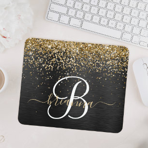 Mousepad Monograma Dourado de brilho preto com brilho perso