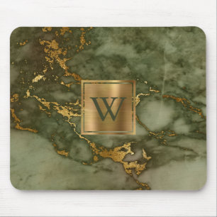 Mousepad Monograma Dourado de Mármore Verde Elegante