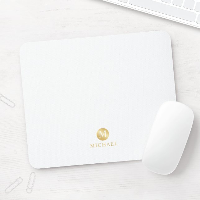 Mousepad Monograma Dourado e branco de luxo (Criador carregado)