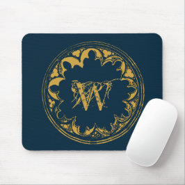 Mousepad Monograma Dourado e Russo de Vintage Azul