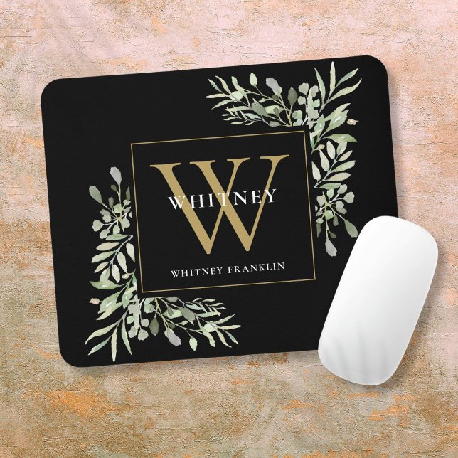 Mousepad Monograma Dourado Elegante e Verde Verde Floral (Elegant Gold and Black Monogram Greenery Floral Mouse Pad)