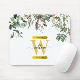 Mousepad Monograma Dourado Elegante Eucalyptus Greenery & B