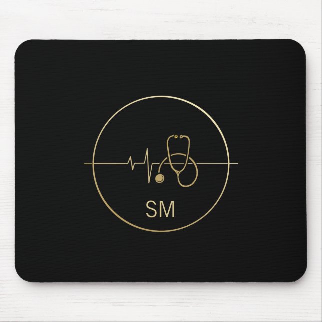 Mousepad Monograma Dourado Estetoscópio Médico Preto (Frente)