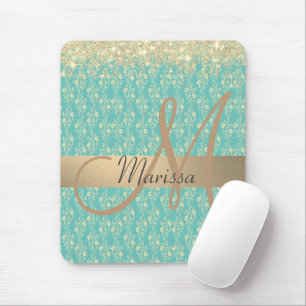 Mousepad Monograma Dourado Floral em Teal Verde