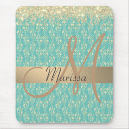 Mousepad Monograma Dourado Floral em Teal Verde         