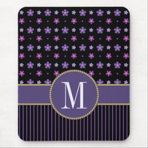 Mousepad Monograma Dourado listrado floral preto roxo