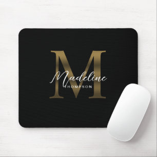 Mousepad Monograma Dourado Metálico Simples de Script Chic