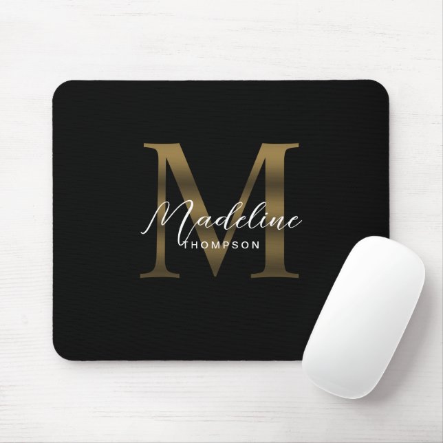 Mousepad Monograma Dourado Metálico Simples de Script Chic (Com mouse)