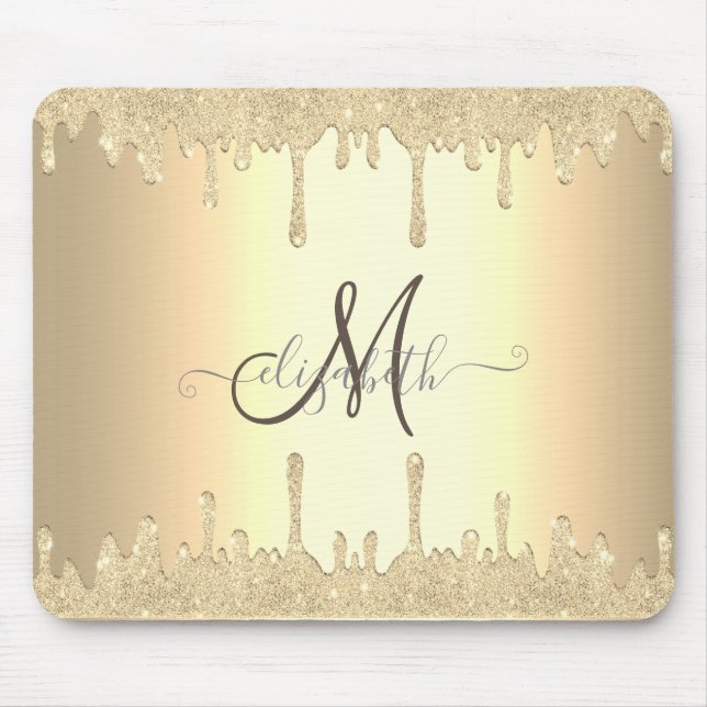 Mousepad Monograma Dourado Moderno de Glitter Gota Dourada (Frente)