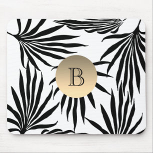 Mousepad Monograma Dourado Preto Branco , Palmeira Tropical