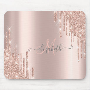 Mousepad Monograma Dourado Rosa com Efeito de Gotas Brilhan