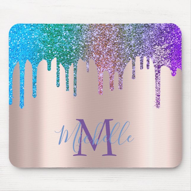 Mousepad Monograma Dourado Rosa com Gotas de Brilho Arco-Ír (Frente)