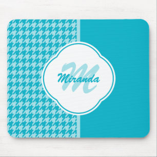 Mousepad Monograma e Nome da Modern Turquoise Houndstooth