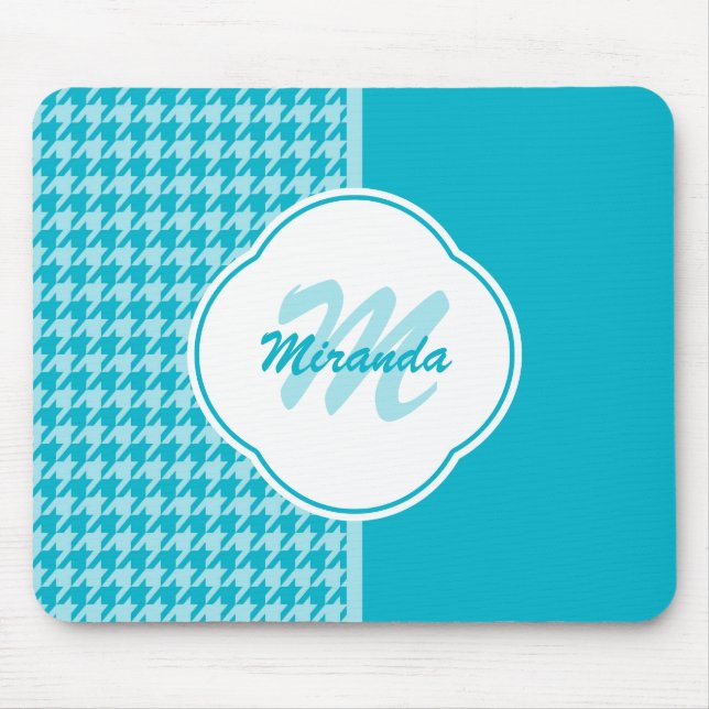 Mousepad Monograma e Nome da Modern Turquoise Houndstooth (Frente)