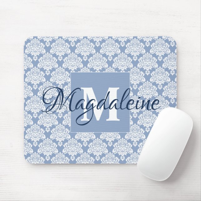 Mousepad Monograma e Nome do Damasco Azul e Lacy Branco (Com mouse)