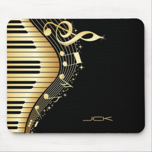 Mousepad Monograma Elegante Black E Dourado Music Notes Des