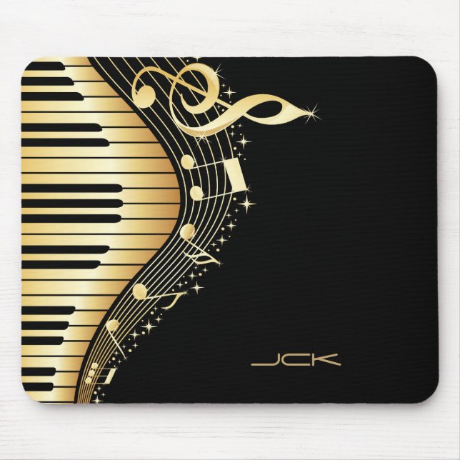 Mousepad Monograma Elegante Black E Dourado Music Notes Des (Frente)