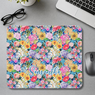 Mousepad Monograma elegante com padrão floral amarelo aqua 