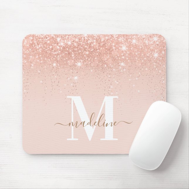 Mousepad Monograma Elegante Glamoroso Rosegold Glitter (Com mouse)