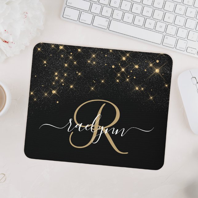 Mousepad Monograma Elegante Glitter Diamond Glitter Dourado (Criador carregado)