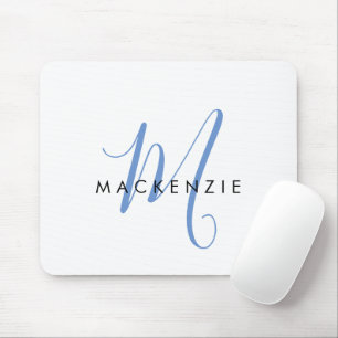 Mousepad Monograma Elegante Moderno Branco Azul em Letra de