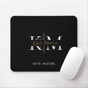 Mousepad Monograma Elegante Preto Dourado Escrito Escritóri