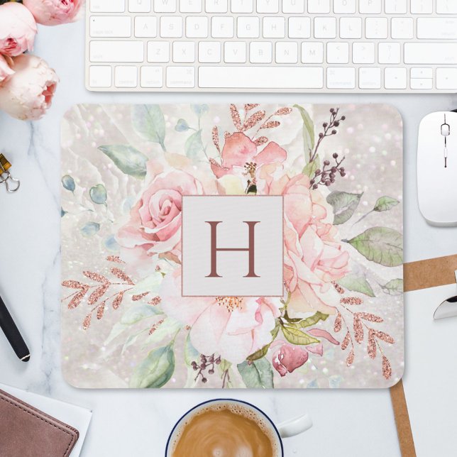 Mousepad Monograma Elegante Rosa Rosa Rosa Rosa Peony Flora (In situ)