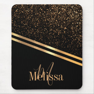 Mousepad Monograma elegante simples Preto e brilho Dourado