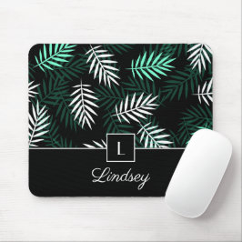 Mousepad Monograma Elegante Verde Deixa Padrão Botânico